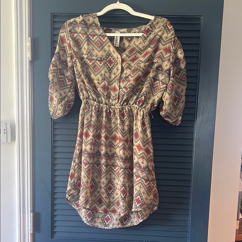 Boho Western Print Elastic-Waist Dress - Red/Tan